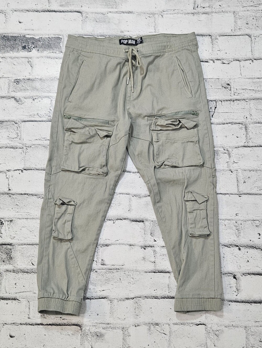 Pop Man Sage Green Cargo Jogger Pants Mens Medium Utility Streetwear Stretch